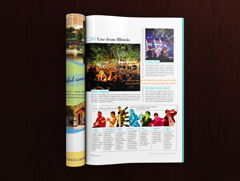 Editorial magazine spread featuring live music venues and a colorful illustration of famous musicians who are Illinois natives