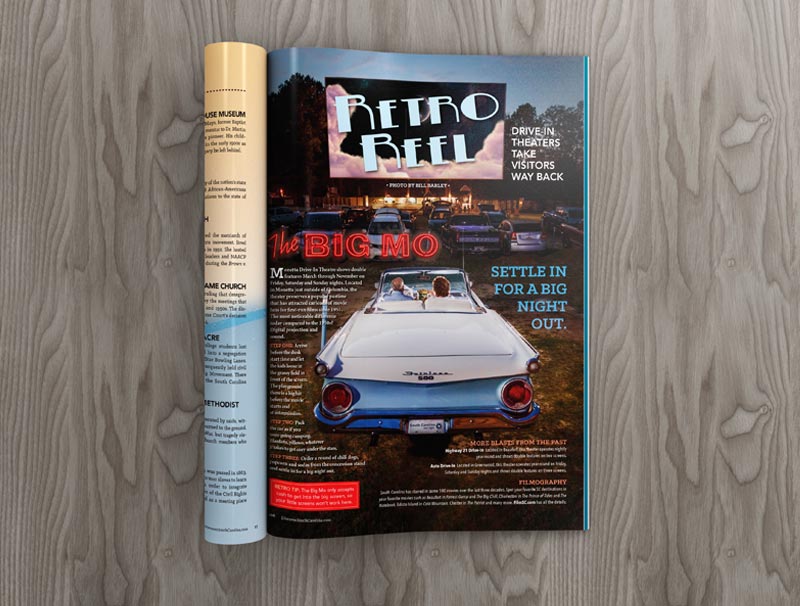 An editorial magazine spread featuring a classic car at a drive in movie theater in South Carolina