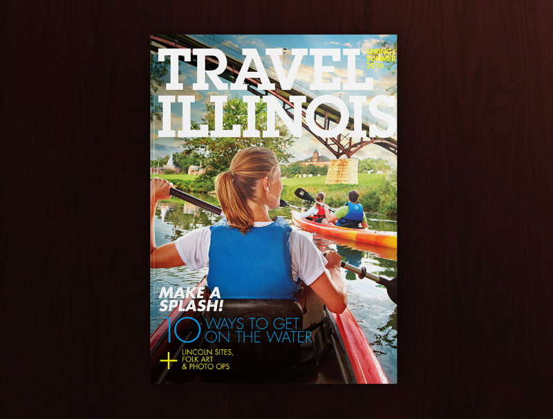 The cover of Travel Illinois Magazine featuring three people kayaking on the Galena River in Galena Illinois