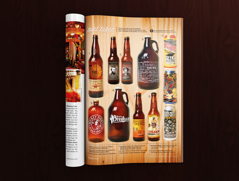 Editorial magazine spread featuring 11 artistic craft beer containers from Illinois breweries