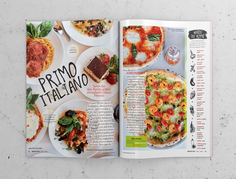 An editorial magazine spread featuring modern Italian cuisine and restaurants in Phoenix Arizona