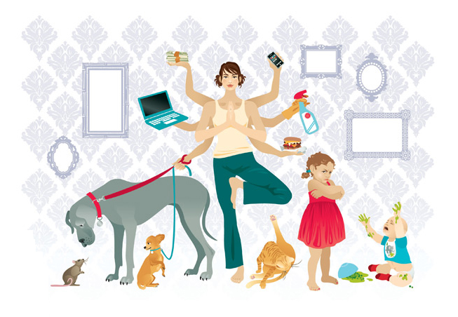 Vector illustration of a woman with many arms dealing with the daily stress work, money, family and home, as depicted by the kids and animals around her