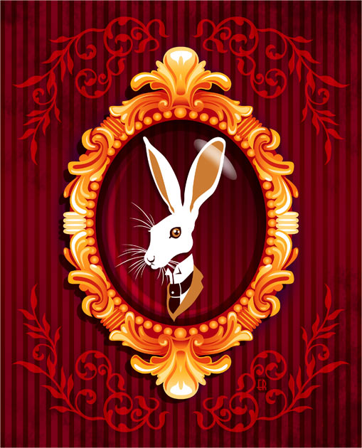 A vector illustration of a portrait of a Hare, wearing an old fashioned collar and tie, in a gilded frame on a striped wallpaper background