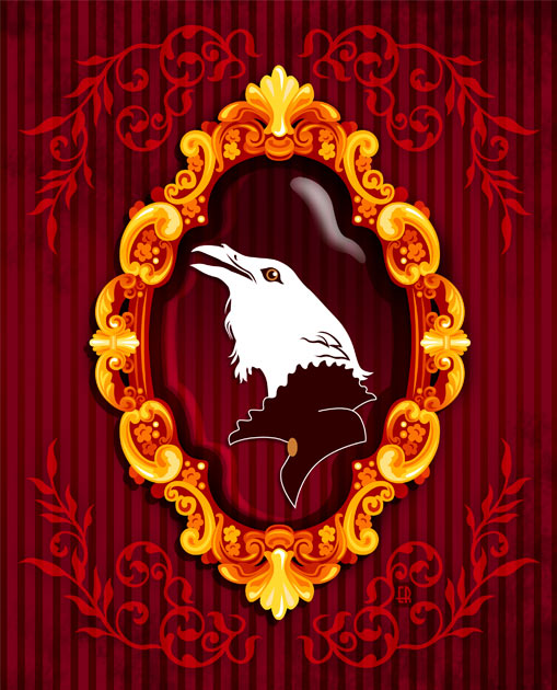 A vector illustration of a portrait of a white Raven, wearing a Victorian collar, in a gilded frame on a striped wallpaper background