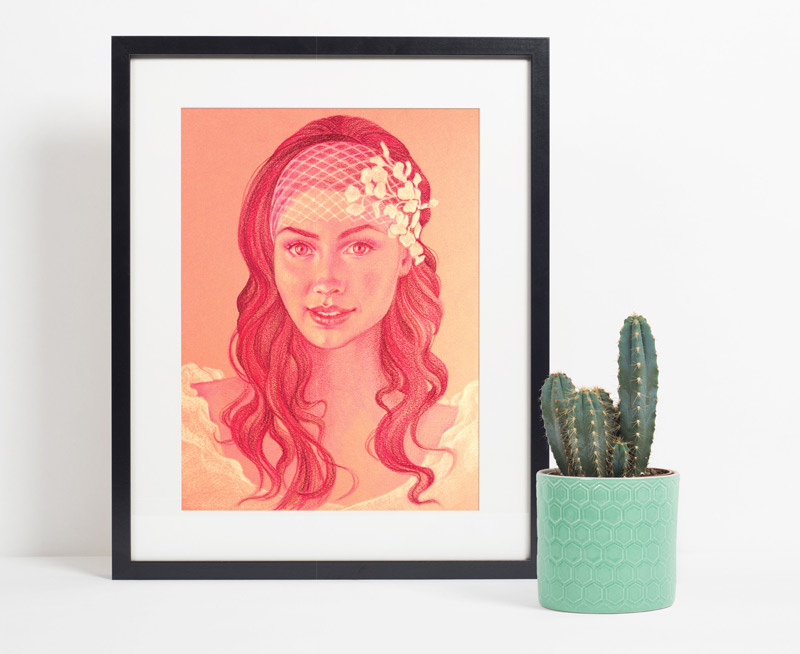 A pink and white pencil illustration of a young woman wearing flowers and lace in her hair, in a black frame accented by a potted cactus