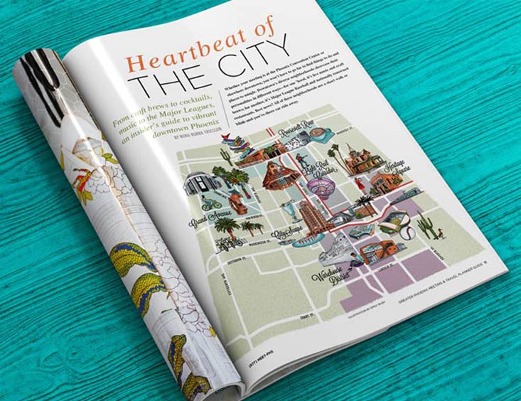 An editorial spread in Visit Phoenix magazine featuring an illustrated map of downtown Phoenix Arizona