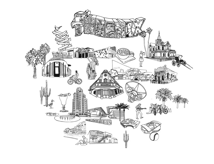 A set of pen illustrations of landmarks in downtown Phoenix Arizona