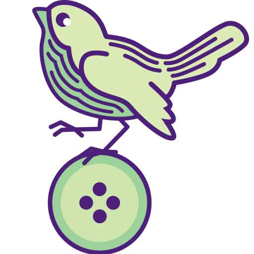 Purple and mint green logo featuring a bird sitting on a button