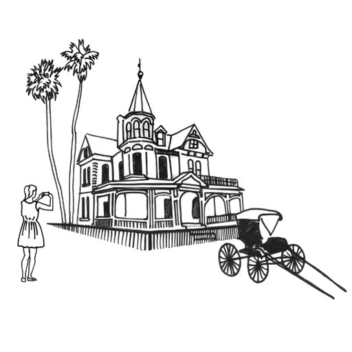 An ink illustration of a woman taking a photo of a historic building and carriage