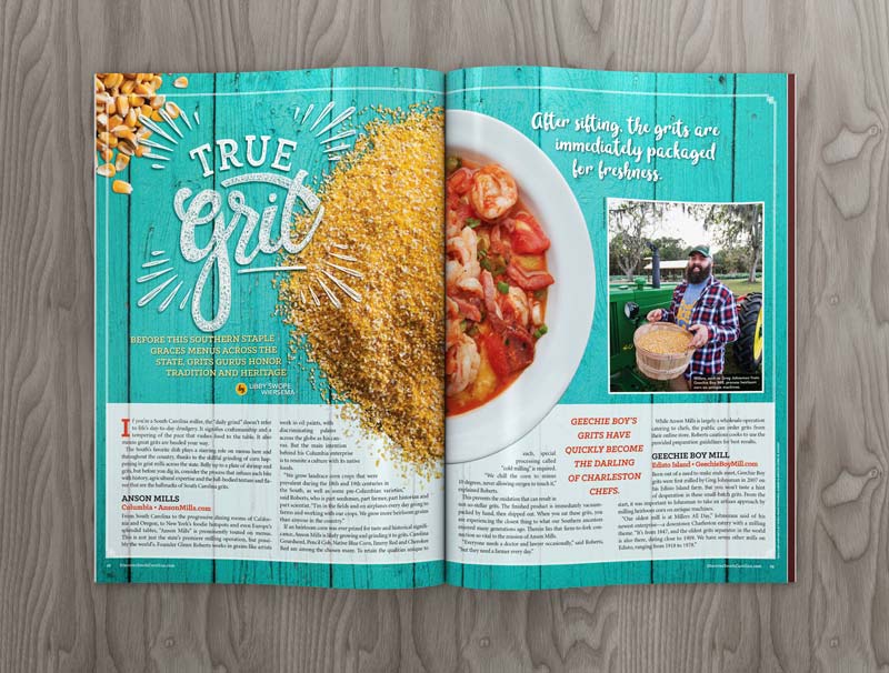 An editorial magazine spread featuring a split screen of corn grits and a shrimp and grits dish.
