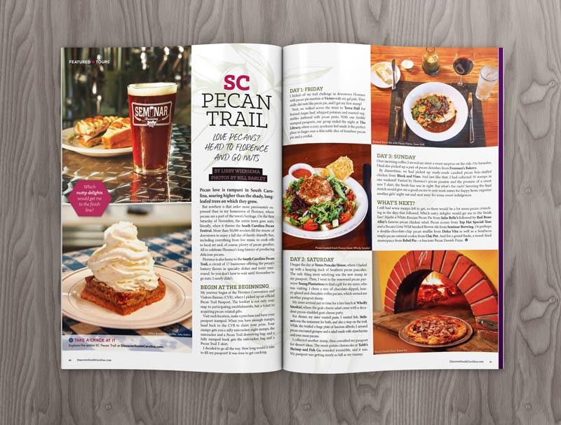 An editorial magazine spread featuring foods and beverages made with pecans from Florence South Carolina
