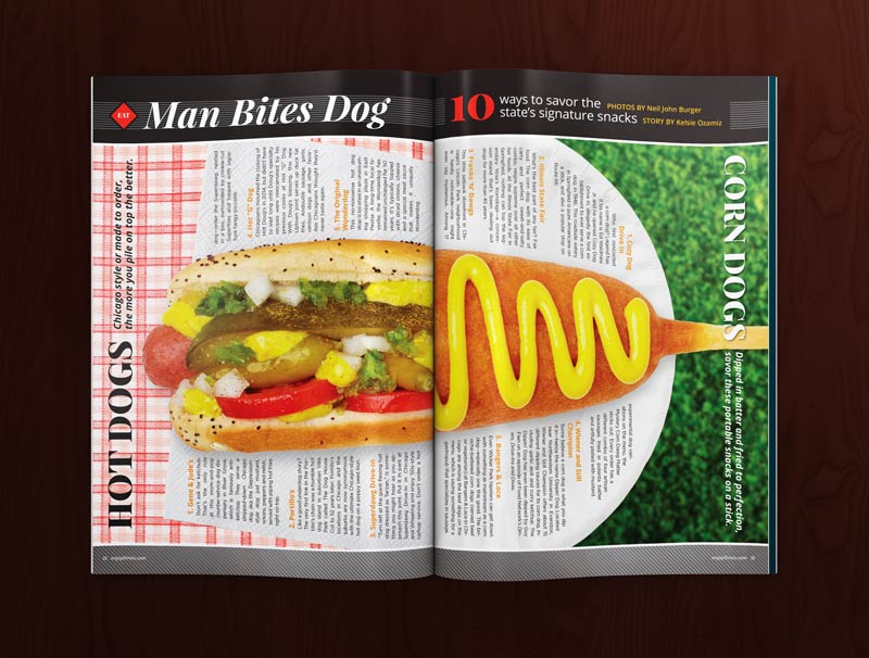 An editorial magazine spread featuring a split screen of a Chicago style hotdog and a corn dog