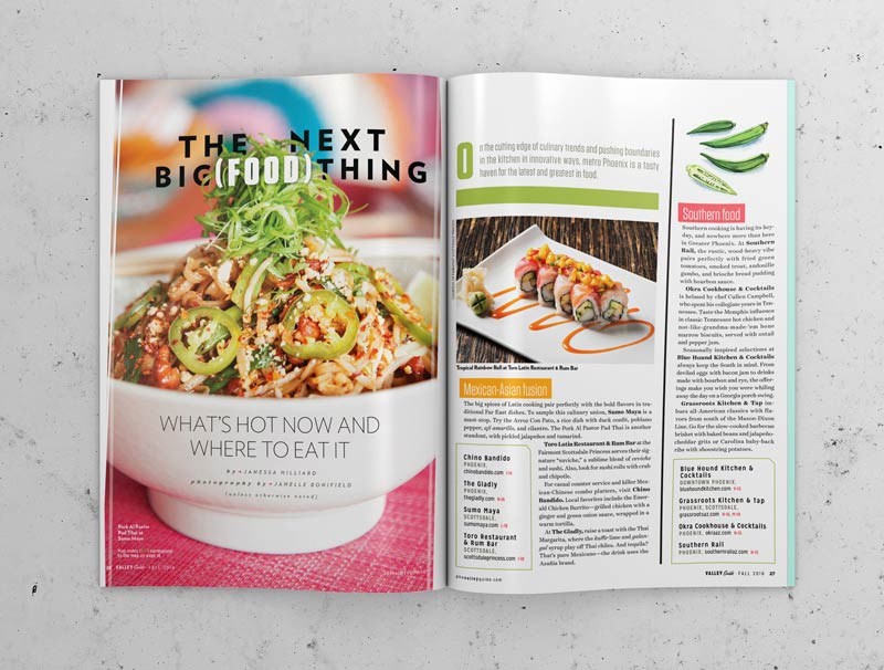 An editorial magazine spread featuring trendy fusion cuisine and restaurants in Phoenix Arizona