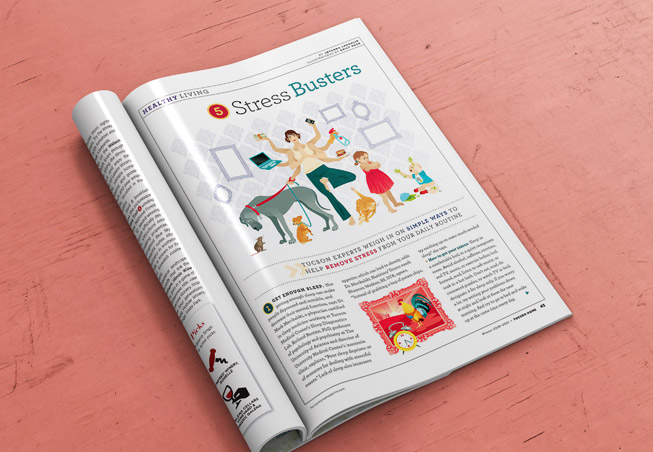 An editorial spread in Tucson Home magazine, featuring a group of illustrations about beating stress