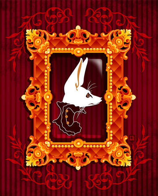A vector illustration of a portrait of a Fennec fox, wearing a Victorian collar, in a gilded frame on a striped wallpaper background