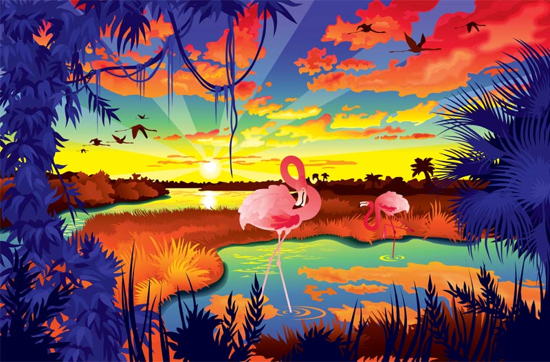 A vector illustration of a flock of pink flamingos in a colorful marsh setting at sunset