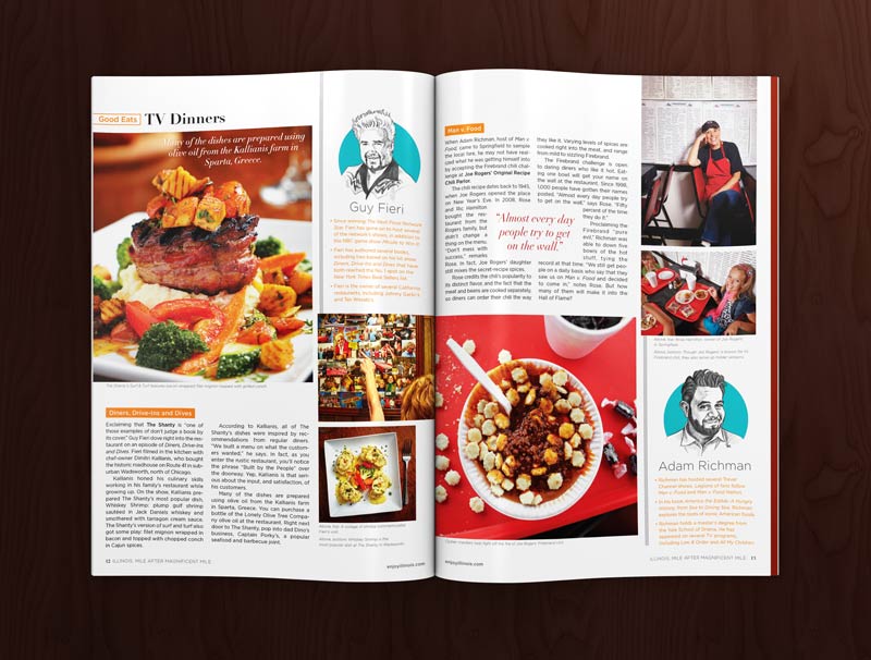 An editorial magazine spread about Illinois restaurants that were featured on TV shows, including illustrated portraits of the celebrity chef hosts.