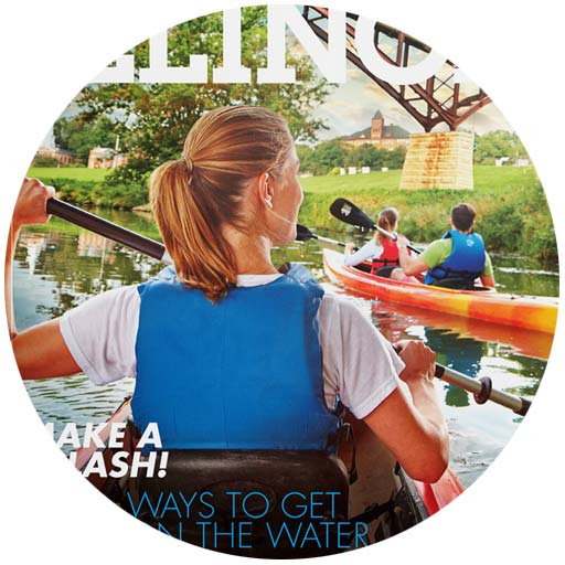 Cover of Travel Illinois Magazine featuring three people kayaking on the Galena River in Galena Illinois