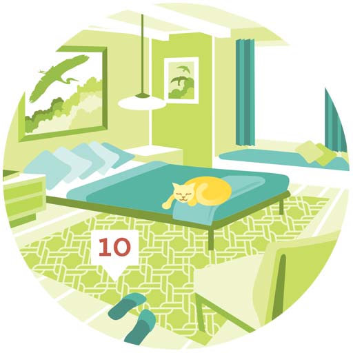 Vector illustration of a cat sleeping on a bed in a midcentury modern style bedroom