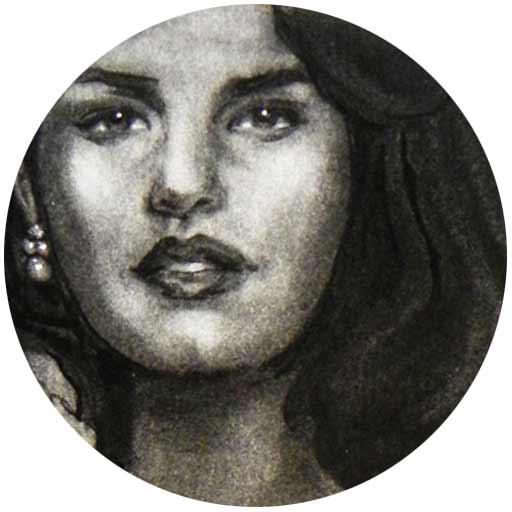 Detail of a charcoal illustration of a young woman wearing pearl earrings