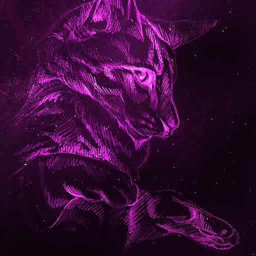 Detail of a digital illustration of a purple cat floating in space